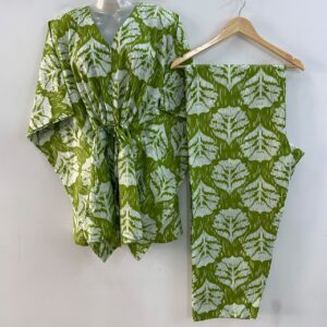 Fresh Green shade Shaded Big Leafy Print Cotton Maternity Kaftan Co-Ord Set