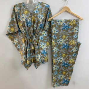 Slate Brown shade Blue-Yellow Morning Glory Print Cotton Maternity Kaftan Co-Ord Set