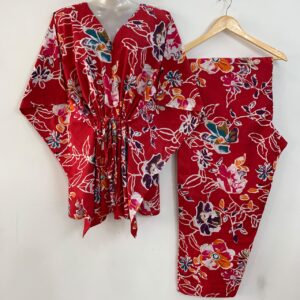 Red Shade Multicolor flower outliner Print Cotton Maternity Kaftan Co-Ord Set