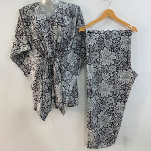 Black Shade Big Flower Leafy Print Cotton Maternity Kaftan Co-Ord Set