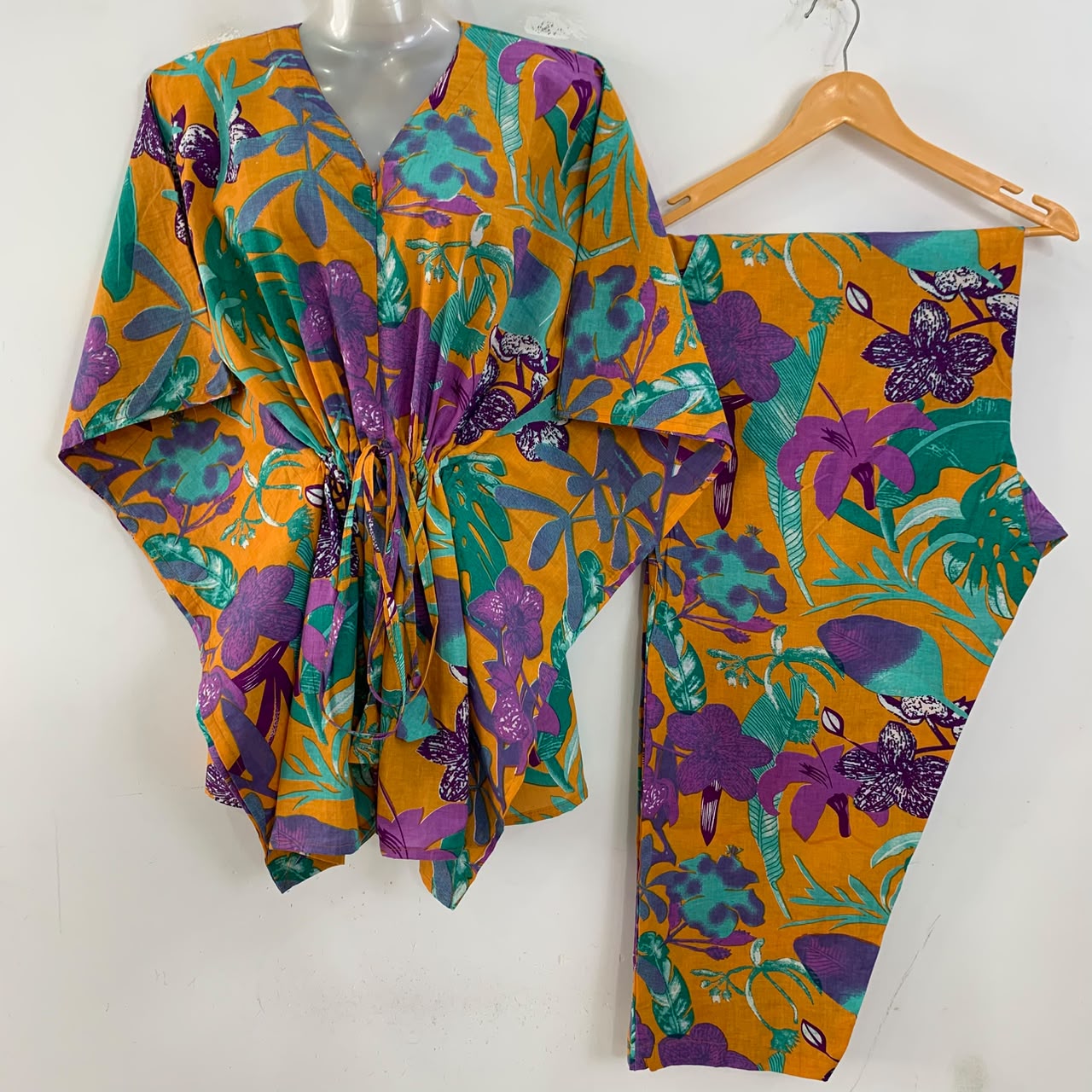 Orange shade Purple Monstera Leafy Print Cotton Maternity Kaftan Co-Ord Set