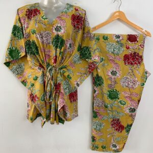 Yellow shade Big Flower Print Cotton Maternity Kaftan Co-Ord Set