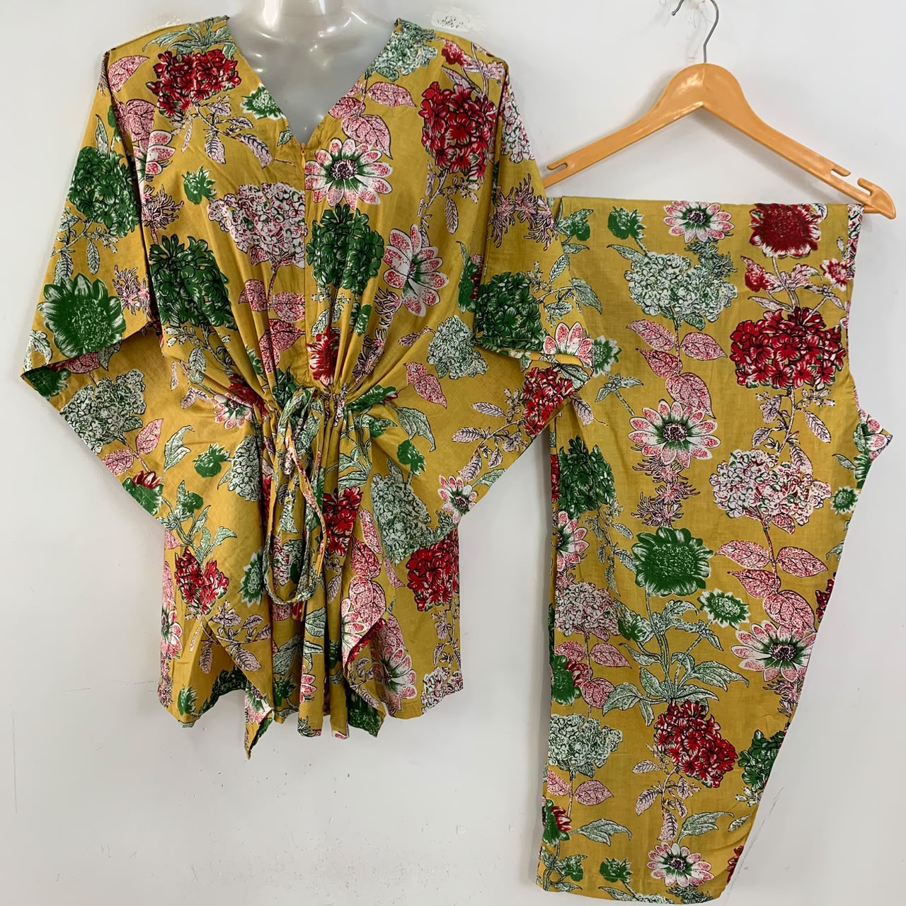 Yellow shade Big Flower Print Cotton Maternity Kaftan Co-Ord Set