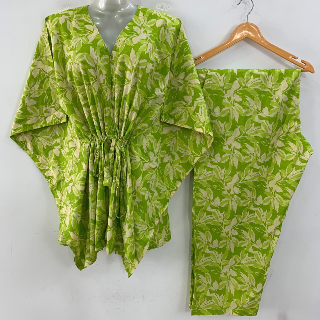 Lime Green Petal Print Cotton Maternity Kaftan Co-Ord Set