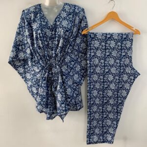Dark Blue shade White Flower Jungle Print Cotton Maternity Kaftan Co-Ord Set