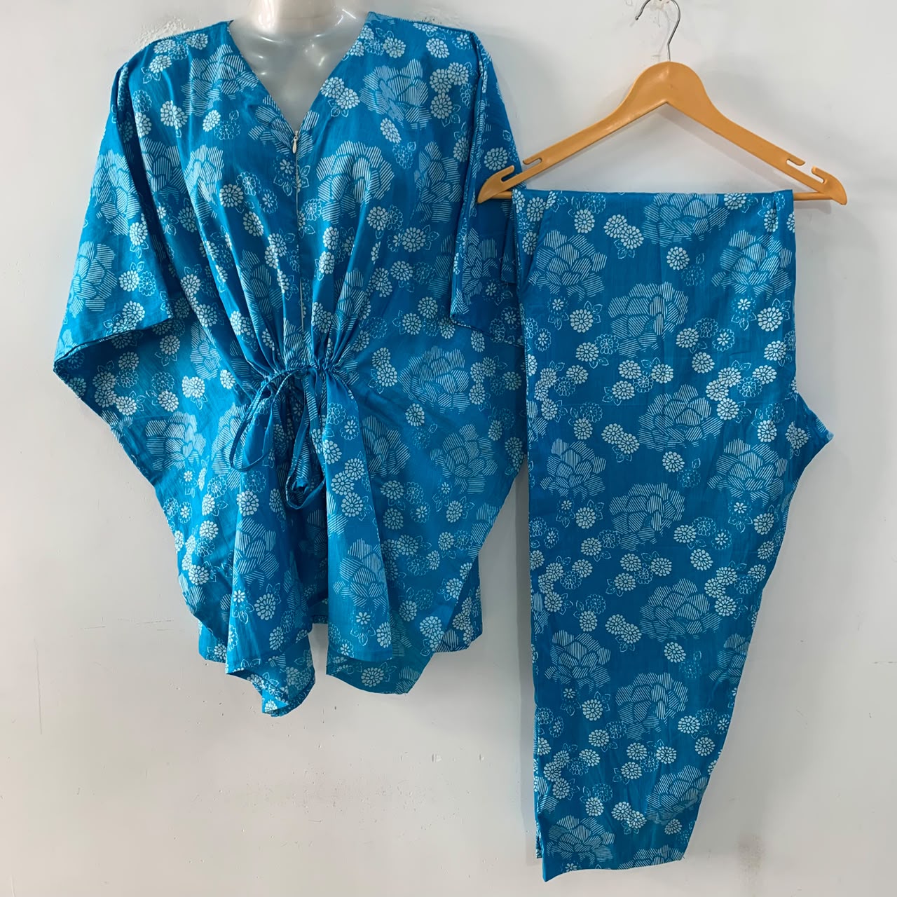Light Blue shade Digital Flowery Print Cotton Maternity Kaftan Co-Ord Set