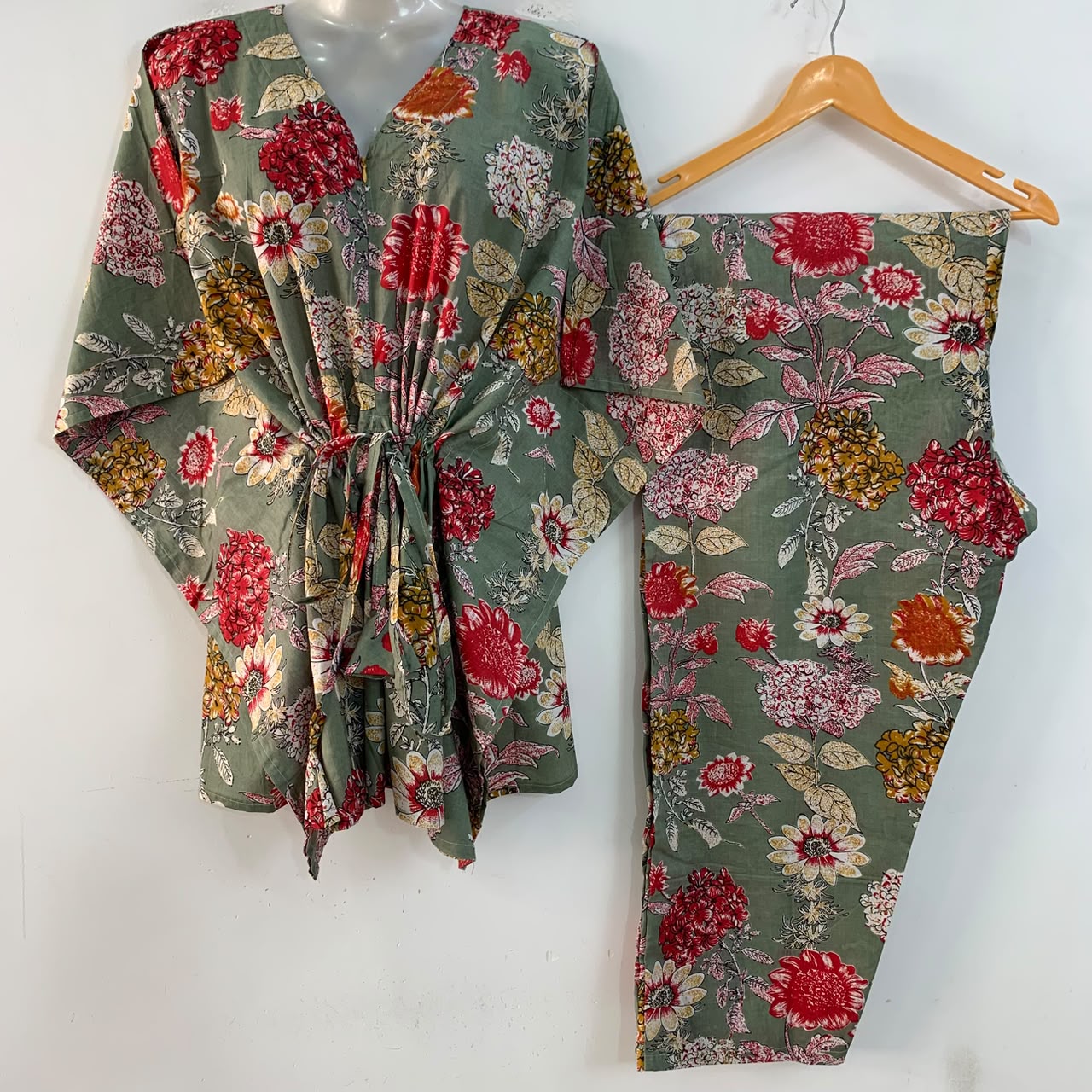 Slate Green shade Big Flower Print Cotton Maternity Kaftan Co-Ord Set