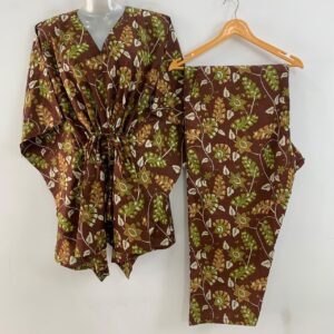 Brown shade Green Flowery Leafy Print Cotton Maternity Kaftan Co-Ord Set