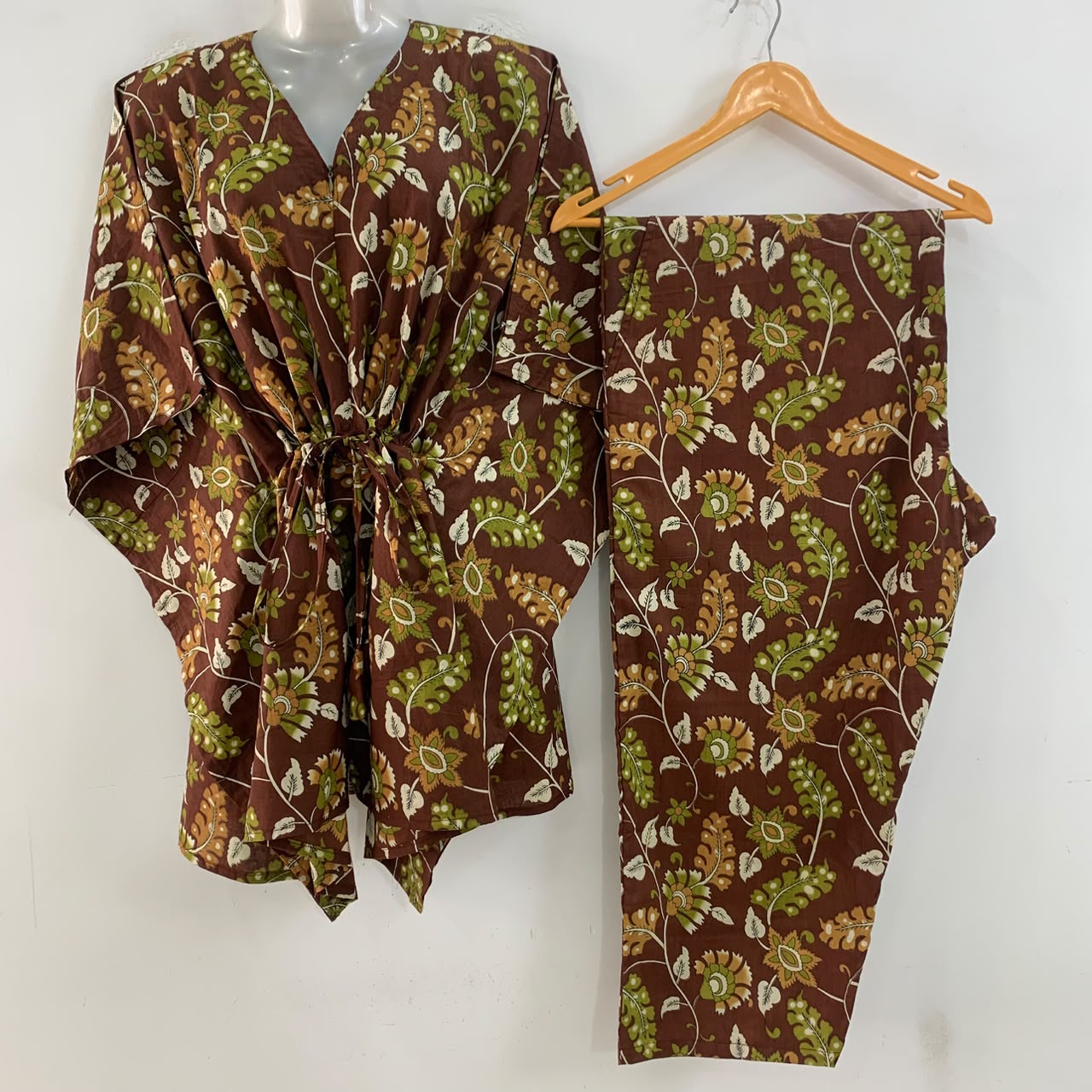 Brown shade Green Flowery Leafy Print Cotton Maternity Kaftan Co-Ord Set