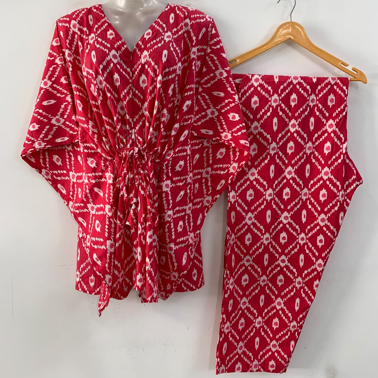 Peach Shade Criss Cross Ikkat Print Cotton Maternity Kaftan Co-Ord Set