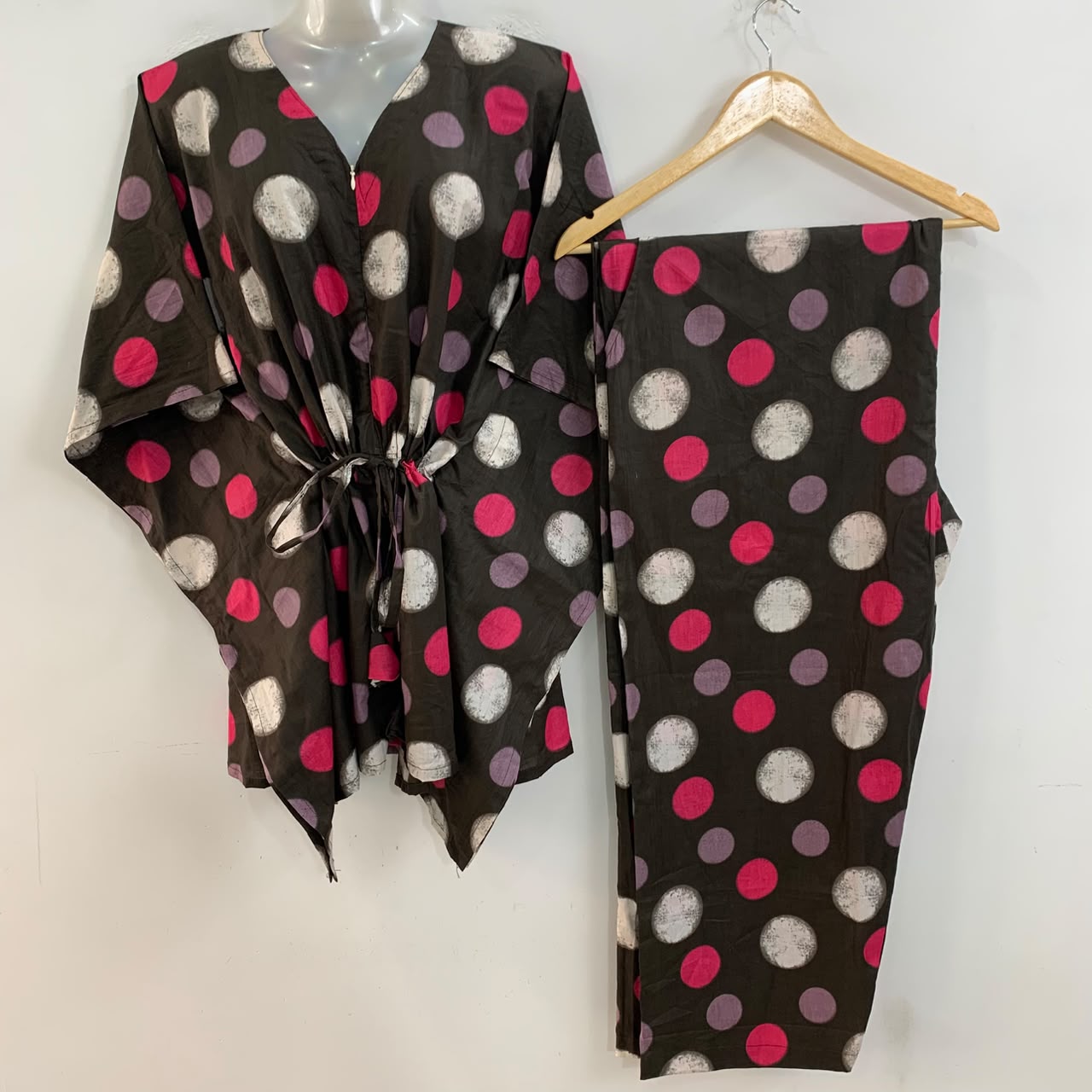Black Shade Big Polka Dot Print Cotton Maternity Kaftan Co-Ord Set