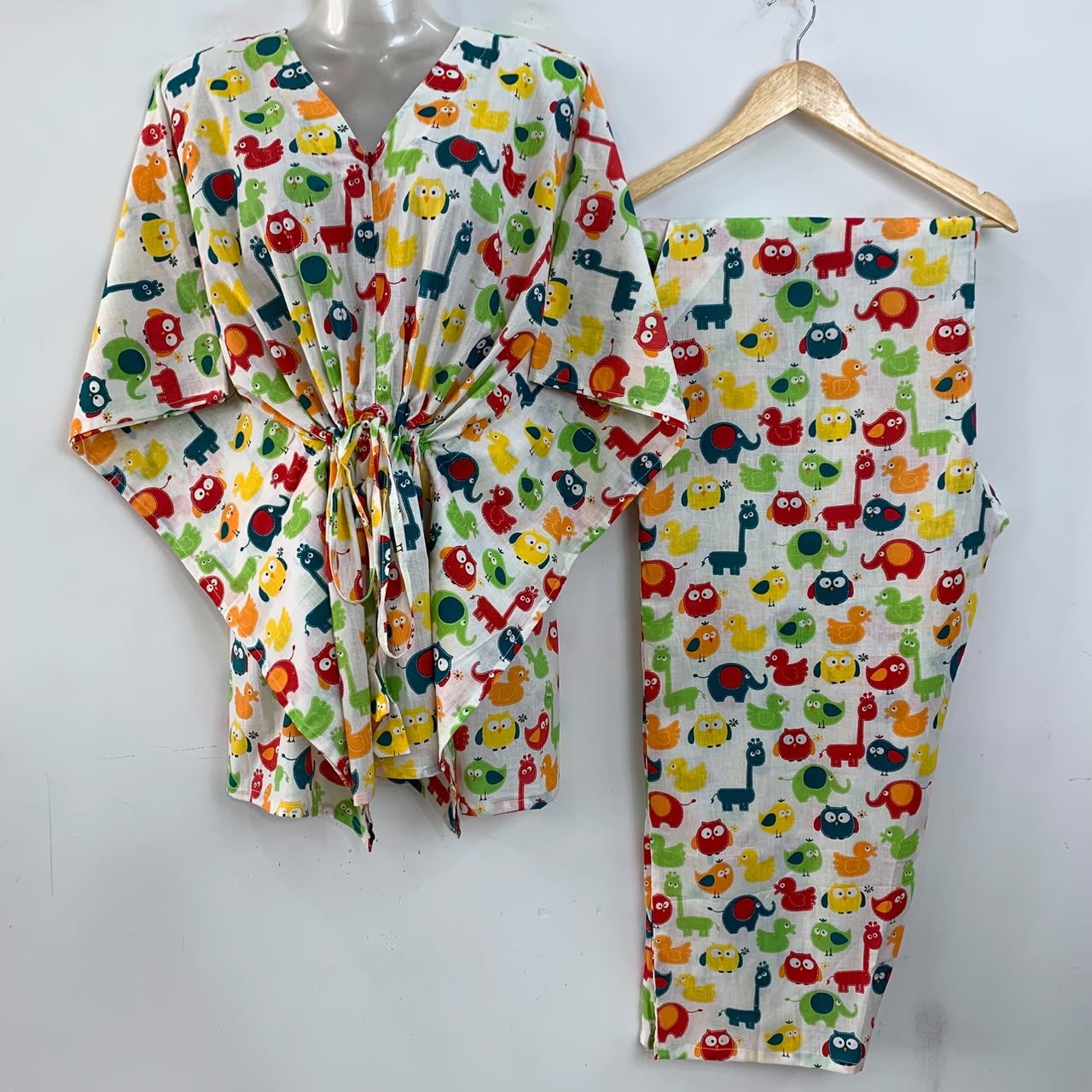 Multicolor Cartoon Print Cotton Maternity Kaftan Co-Ord Set