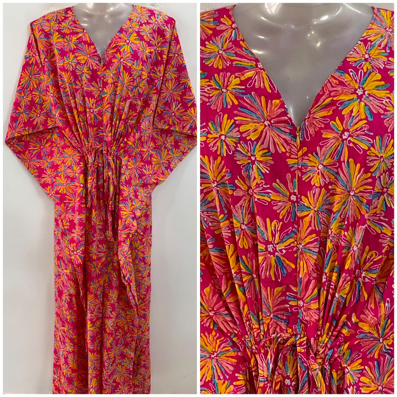 Pink Shade Multicolor Daisy Flower Print Cotton Maternity Nursing Kaftan