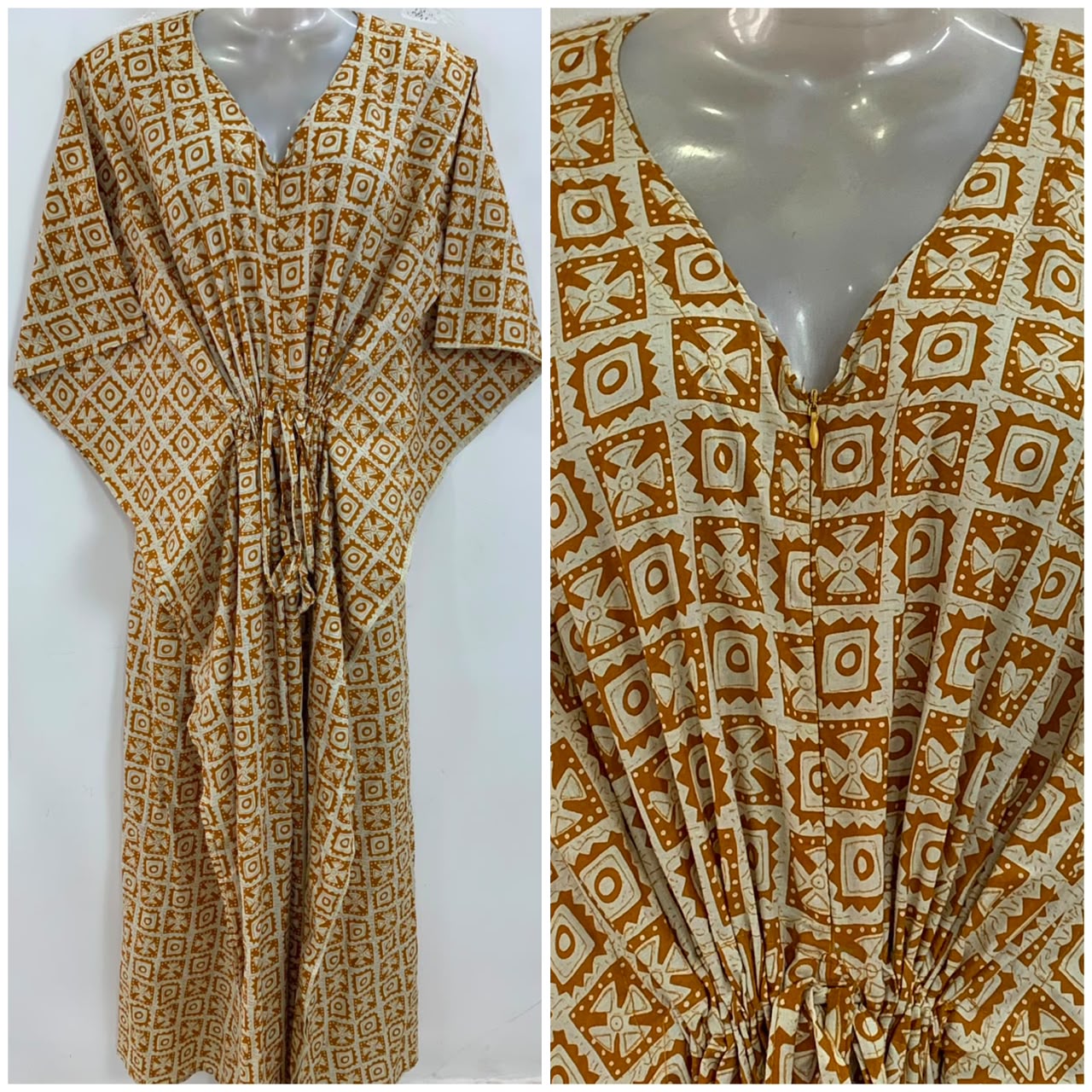 Mustard Yellow Shade Block Boho Print Cotton Maternity Nursing Kaftan