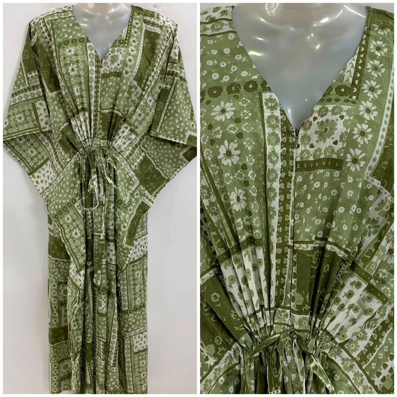 Pastel Green Shade Square Boho Print Cotton Maternity Nursing Kaftan