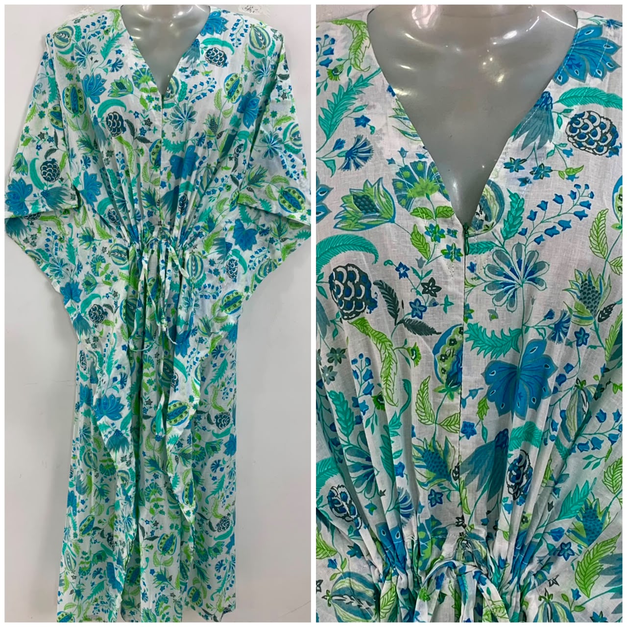White Shade Blue Lotus Garden Print Cotton Maternity Nursing Kaftan