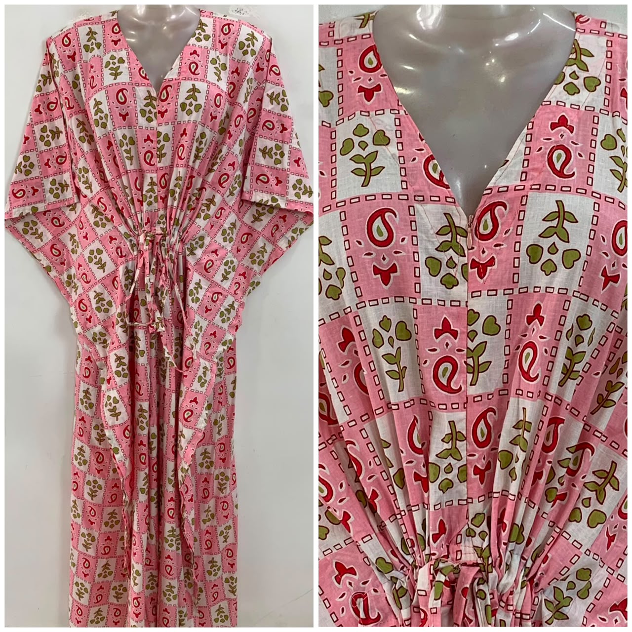 Pink-White Block Flower Print Cotton Maternity Nursing Kaftan