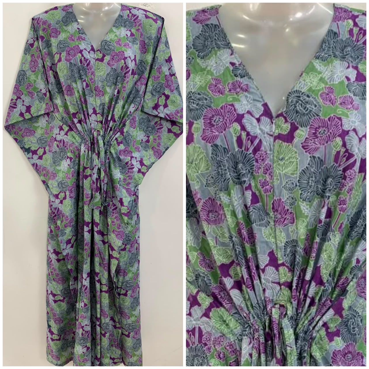 Grey-Purple Small Digital Flower Print Cotton Maternity Nursing Kaftan