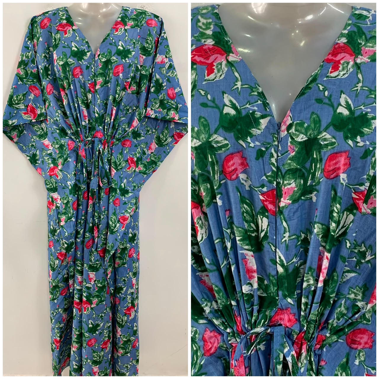 Slate Blue Shade Green Leafy Print Cotton Maternity Nursing Kaftan