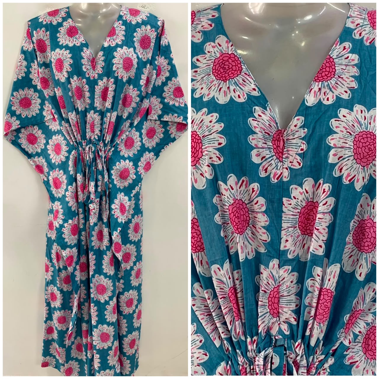 Slate Blue Shade Pink Daisy Flower Print Cotton Maternity Nursing Kaftan