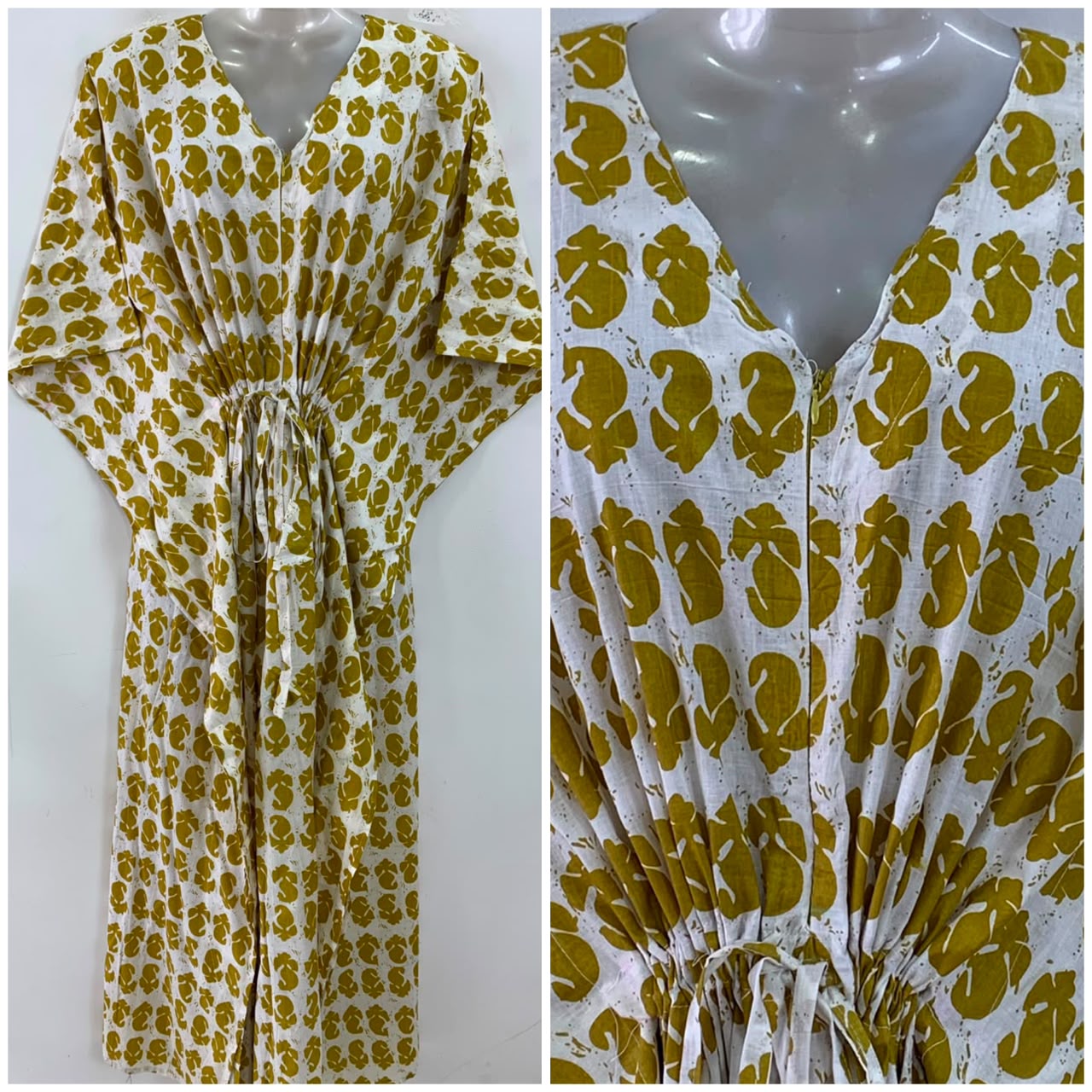 White Shade Yellow Single Leafy Print Cotton Maternity Nursing Kaftan