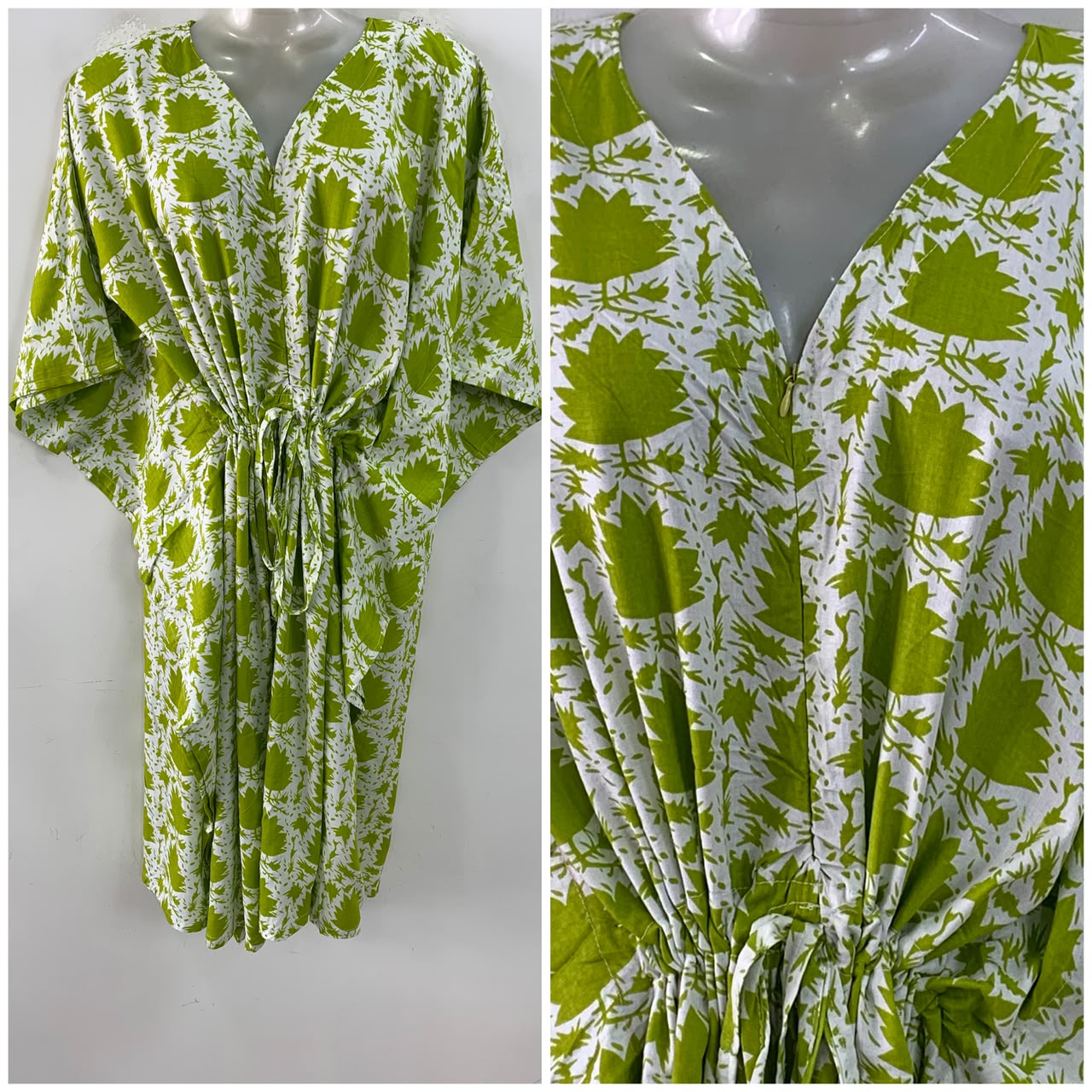 Lime green shade Maple Leafy Print Mid-Length Rayon Maternity Kaftan Dress