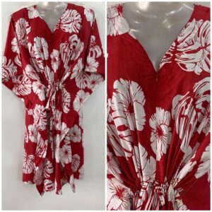 Red Shade Monstera Leafy Print Mid-Length Cotton Maternity Kaftan Dress