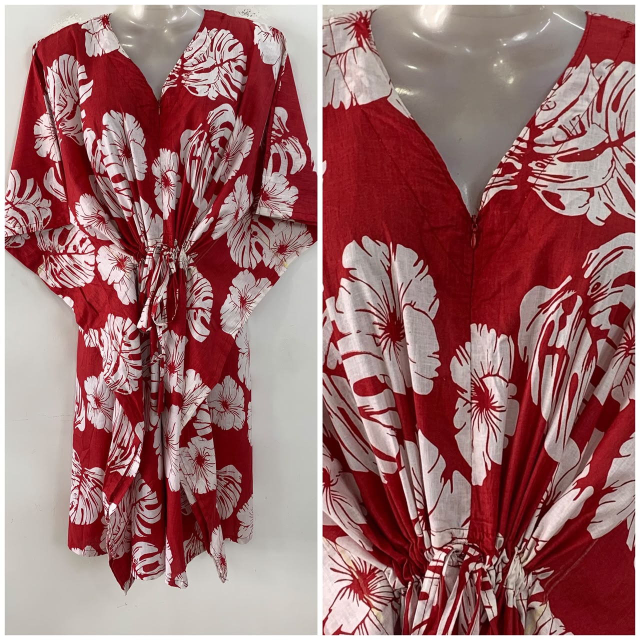 Red Shade Monstera Leafy Print Mid-Length Cotton Maternity Kaftan Dress