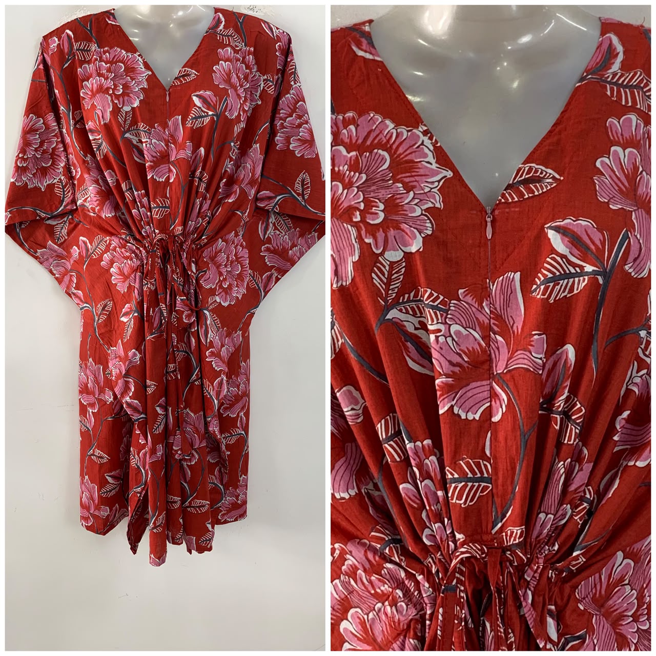 Red Shade Pink Earth Lotus Print Mid-Length Cotton Maternity Kaftan Dress