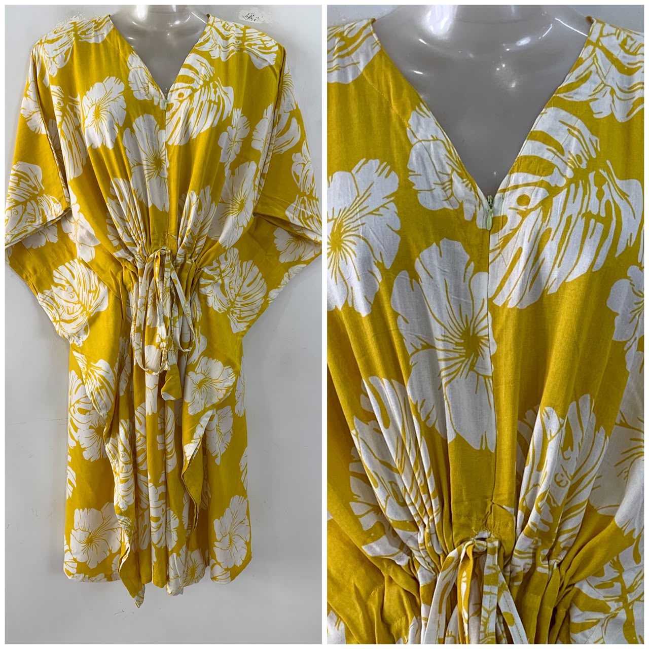 Yellow shade Monstera Leafy Print Mid-Length Rayon Maternity Kaftan Dress
