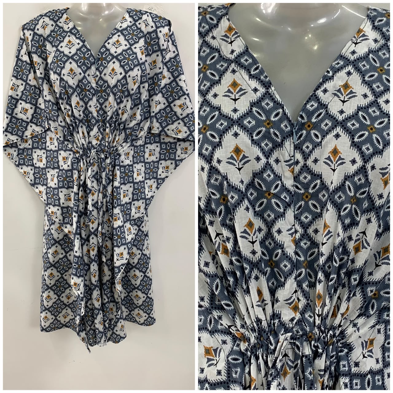 Grey Shade Dotted Ikkat Print Mid-Length Cotton Maternity Kaftan Dress