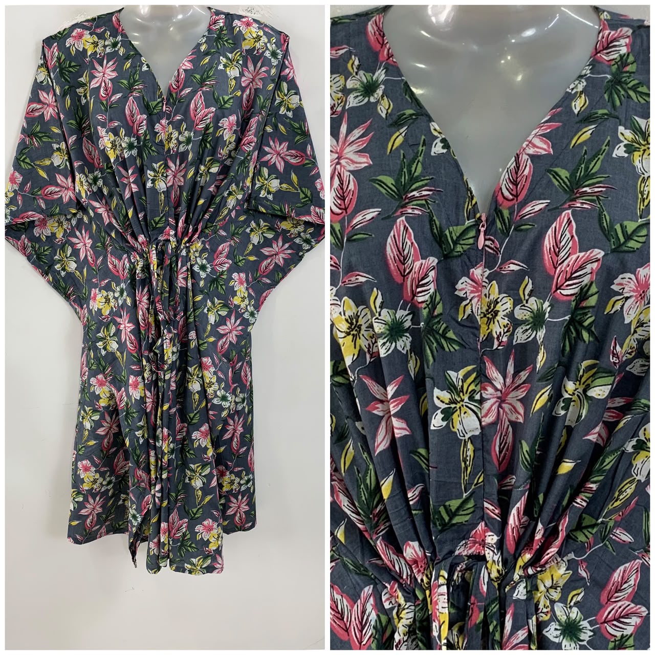 Grey shade Yellow Jasmine Flower Print Mid-Length Cotton Maternity Kaftan Dress