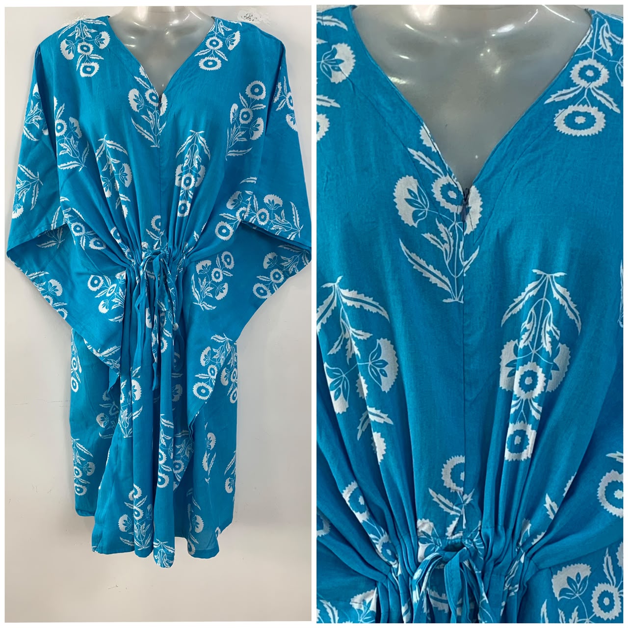 Light Blue shade Flower Bunch Print Mid-Length Rayon Maternity Kaftan Dress