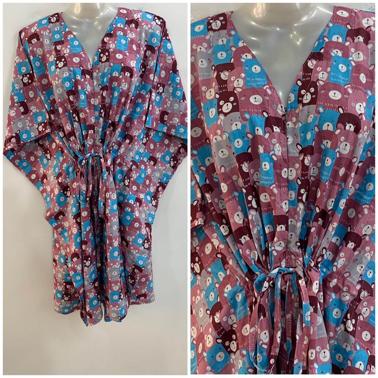 Blue- Purple Teddy Bear Print Mid-Length Cotton Maternity Kaftan Dress