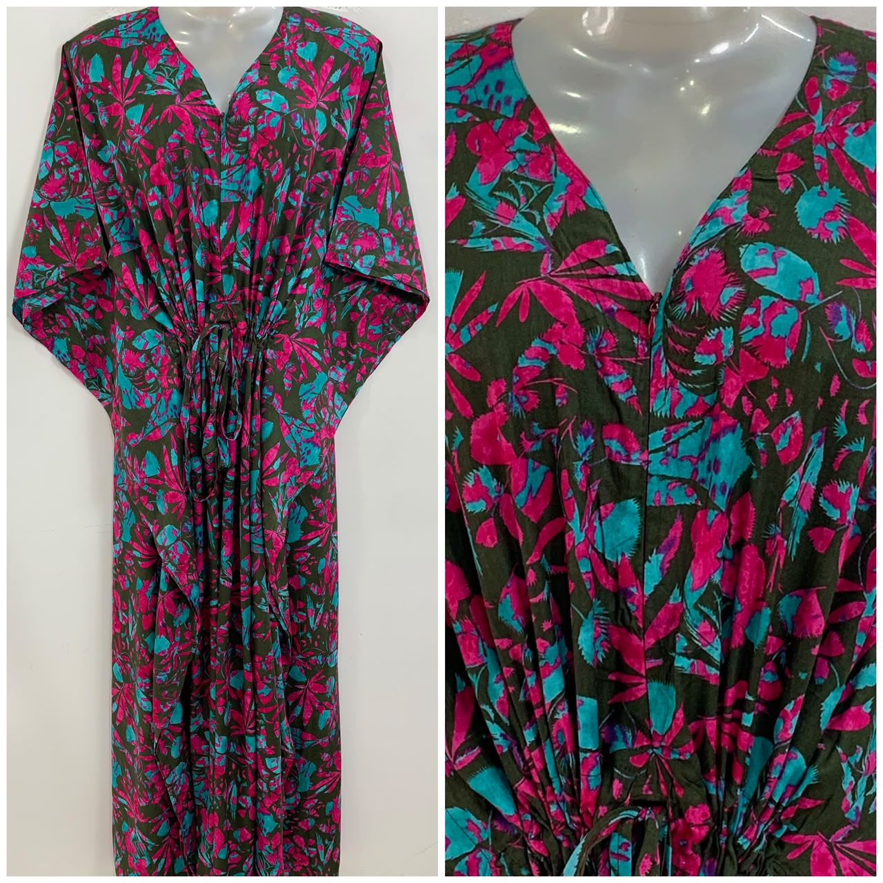 Green shade Pink Leafy Abstract Print Rayon Maternity Kaftan