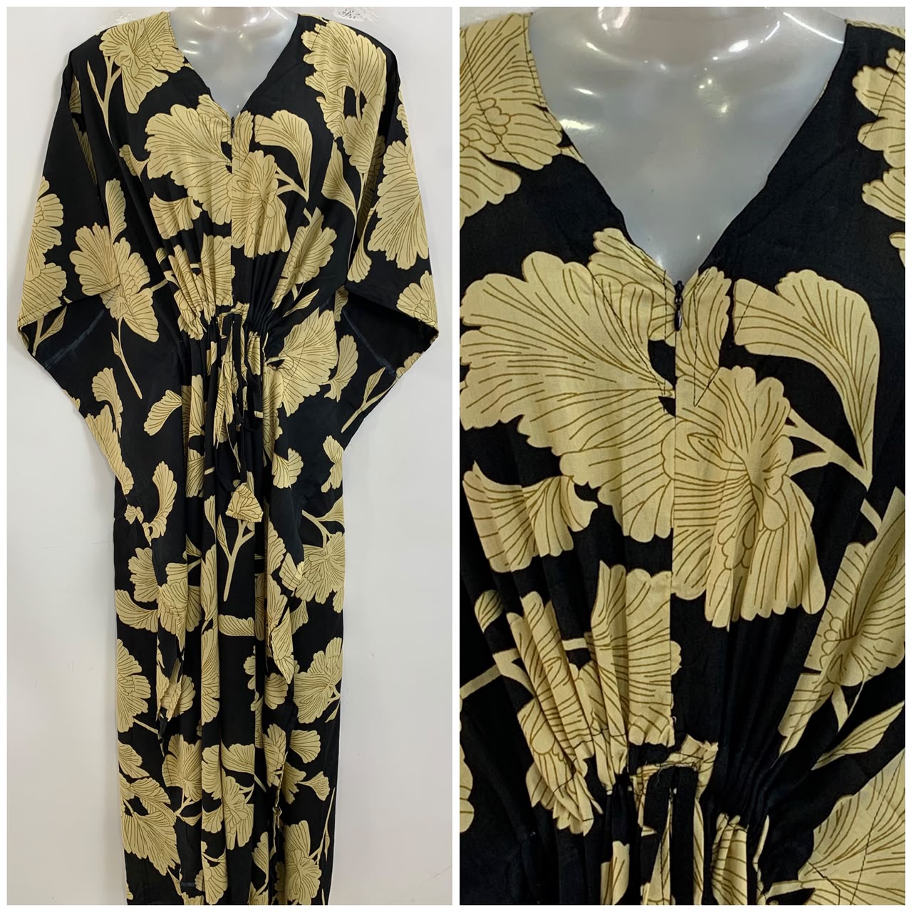 Black shade Golden Leaf Print Rayon Maternity Kaftan