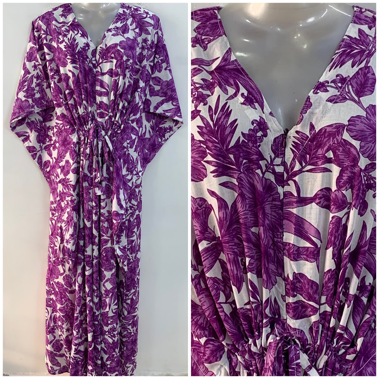 White shade Purple Hibiscus Print Rayon Maternity Kaftan