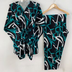 Black Shade Green-White Abstract Print Cotton Maternity Kaftan Co-Ord Set