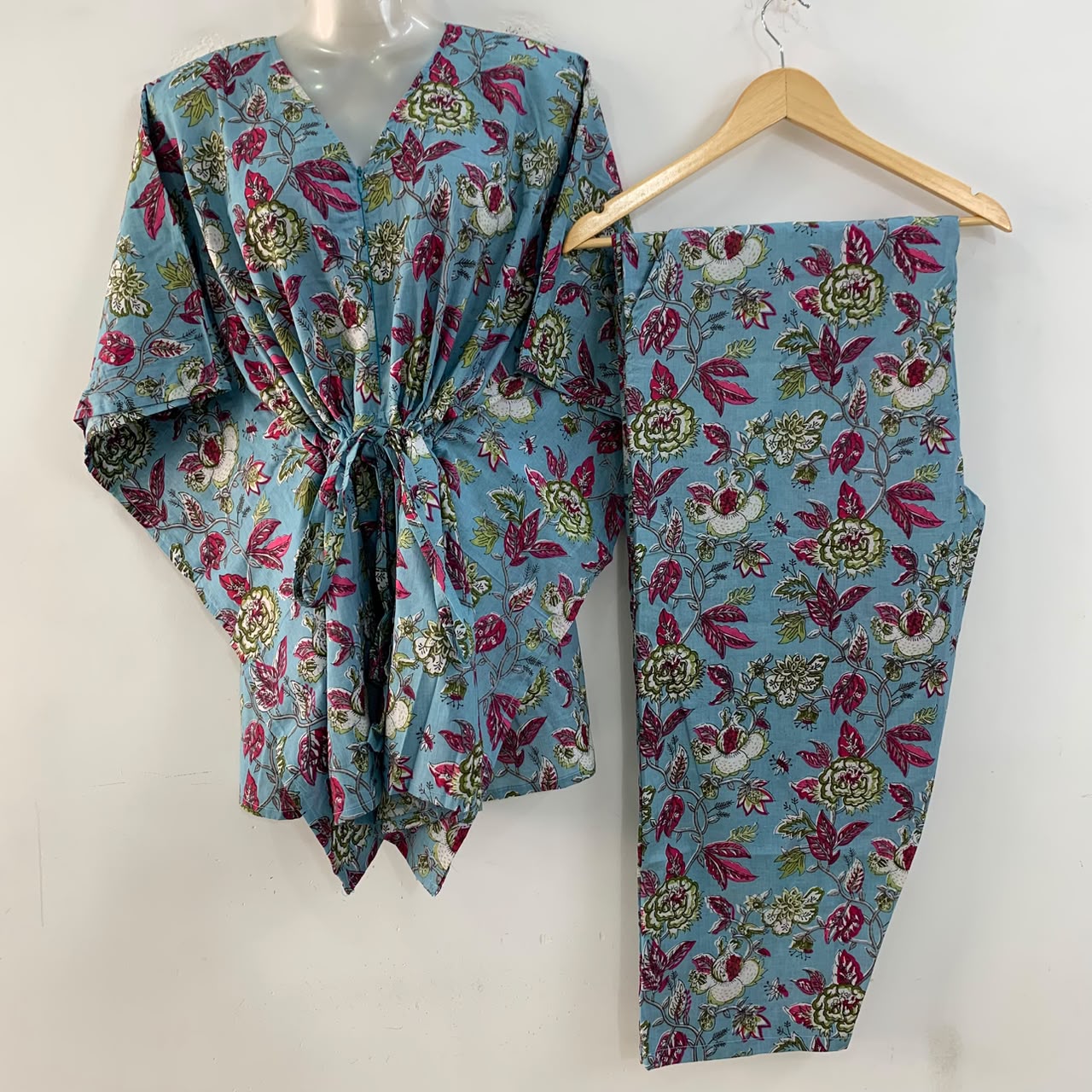 Light Blue shade Green Marigold Flower Print Cotton Maternity Kaftan Co-Ord Set