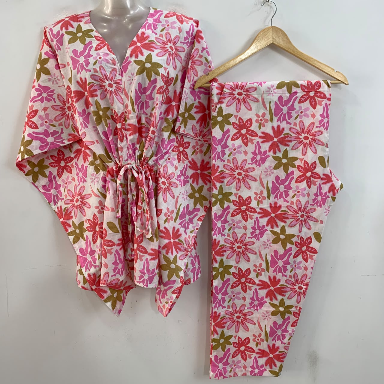 Pink Daisy Flower Print Cotton Maternity Kaftan Co-Ord Set