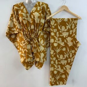 Mustard Yellow Shade Tulip Flower Print Cotton Maternity Kaftan Co-Ord Set