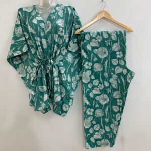 Matt Green shade Cotton Flower Print Cotton Maternity Kaftan Co-Ord Set