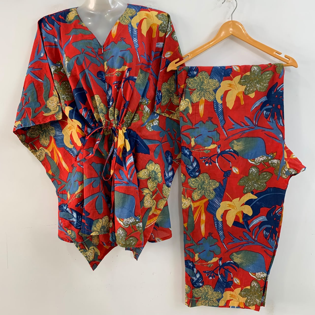 Red Shade Blue Monstera Leafy Print Cotton Maternity Kaftan Co-Ord Set