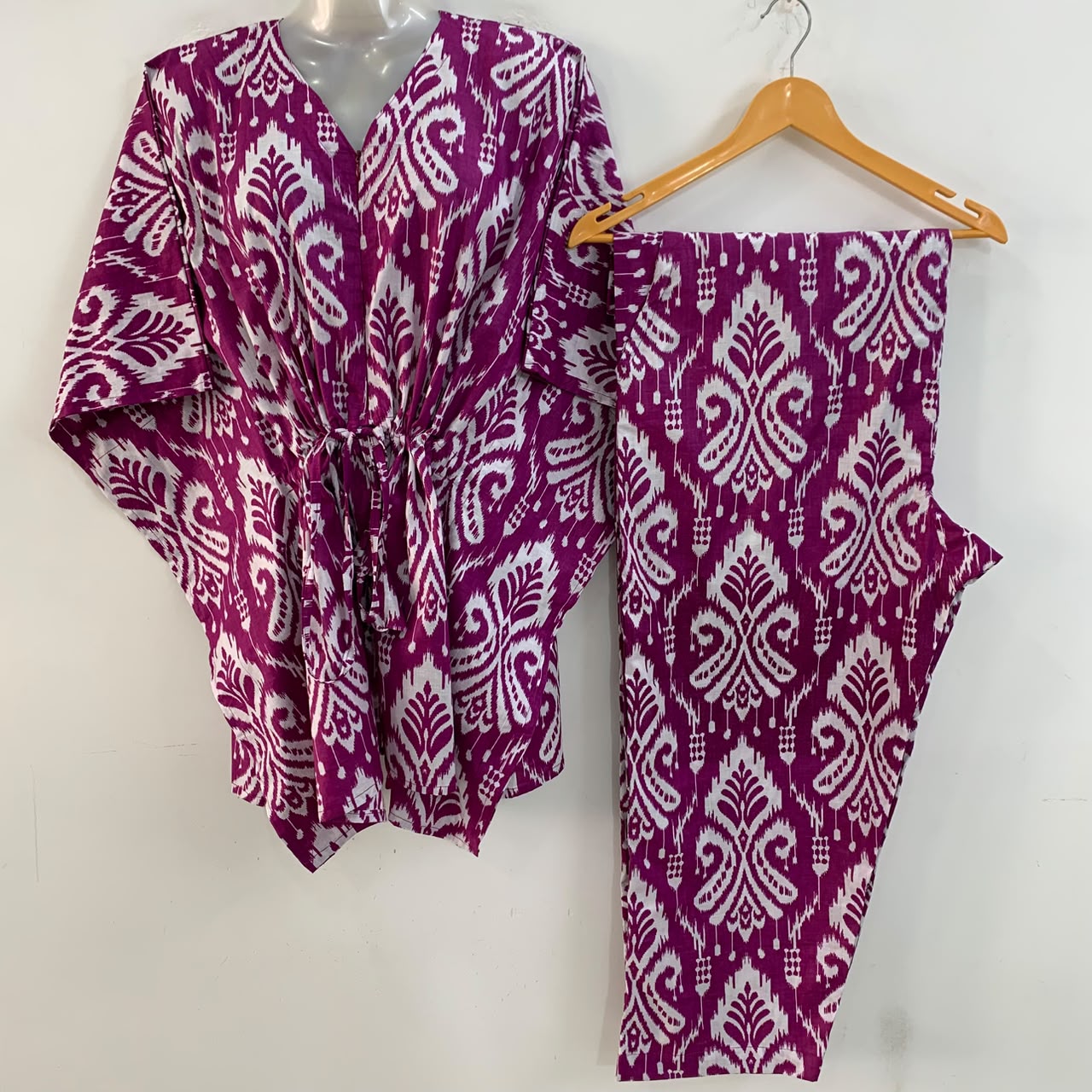 Purple shade Big Alp Ikkat Print Cotton Maternity Kaftan Co-Ord Set