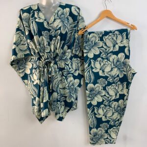 Teal Blue shade Big Bloom Flower Print Cotton Maternity Kaftan Co-Ord Set