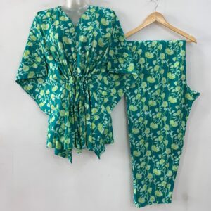 Seagreen Shade Yellow flower Bale Print Cotton Maternity Kaftan Co-Ord Set