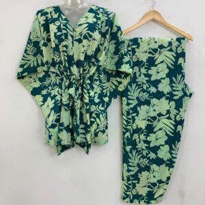 Dark green shade Cream Flower Leafy Print Cotton Maternity Kaftan Co-Ord Set