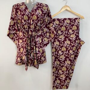 Plum Shade Yellow Rose Garden Print Cotton Maternity Kaftan Co-Ord Set