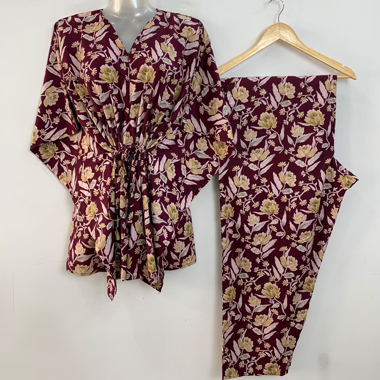 Plum Shade Yellow Rose Garden Print Cotton Maternity Kaftan Co-Ord Set