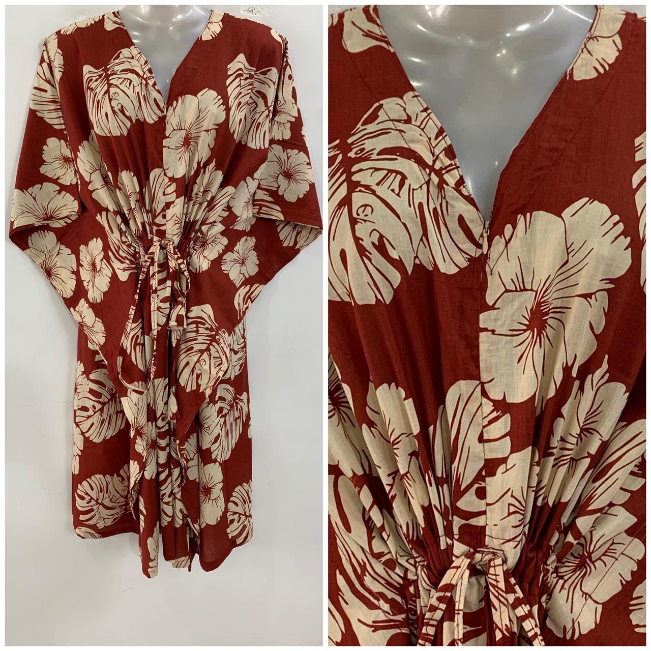 Dark Red Shade Monstera Leafy Print Mid-Length Cotton Maternity Kaftan Dress